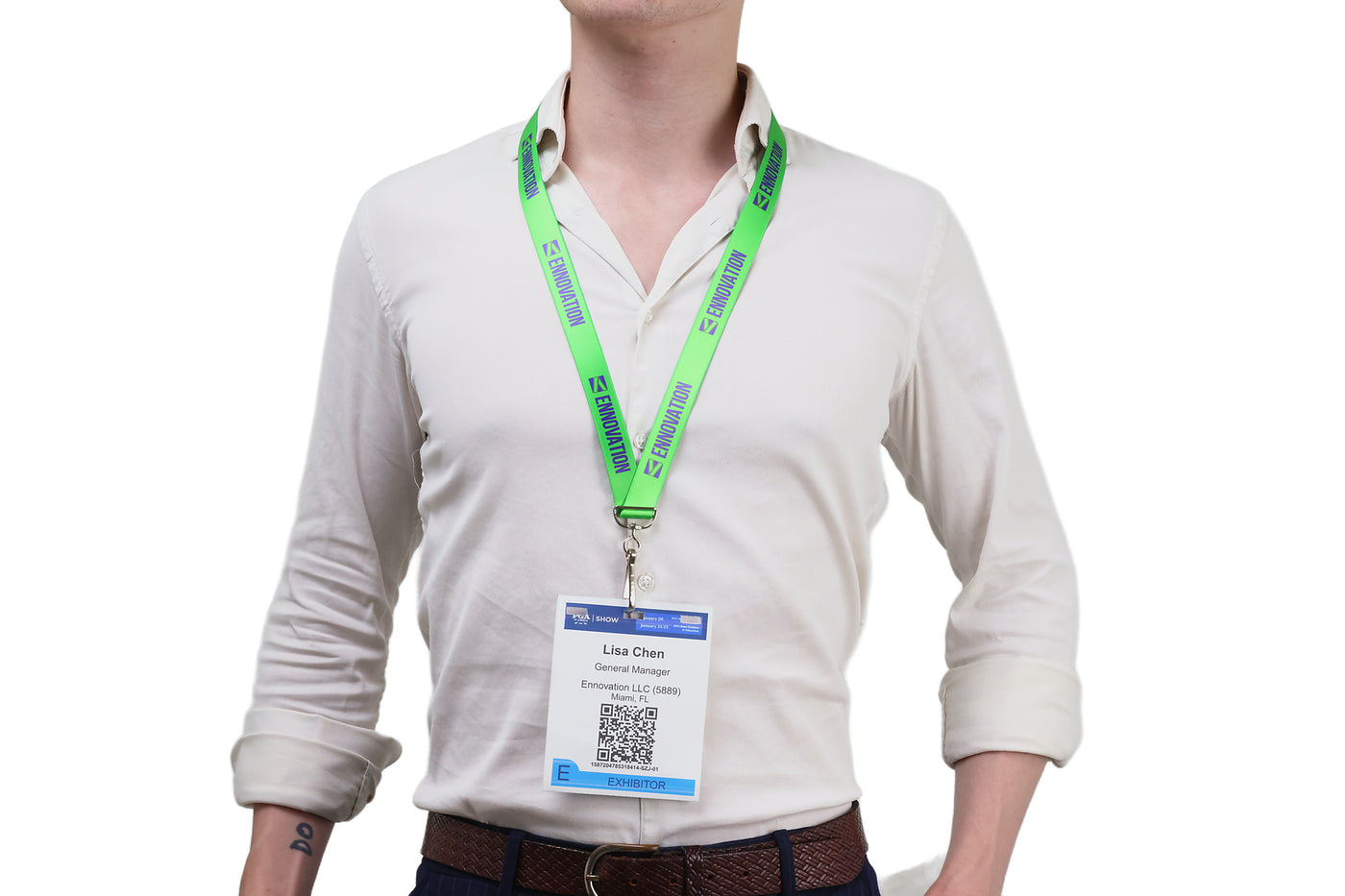 Double bulldog clip badge attachment on Ehua Lanyard