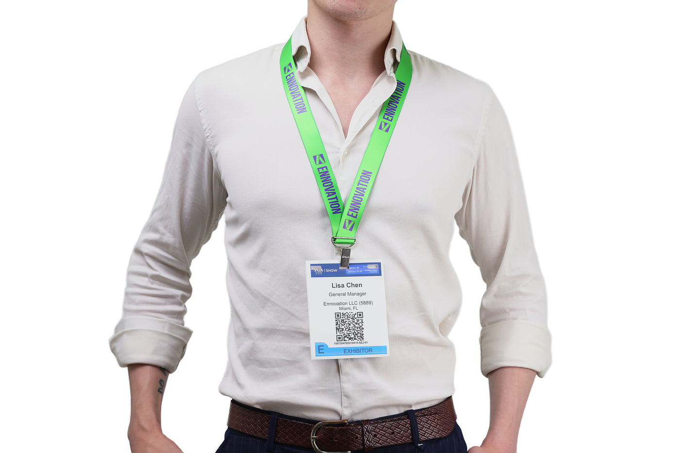 Double bulldog clip badge attachment on Ehua Lanyard