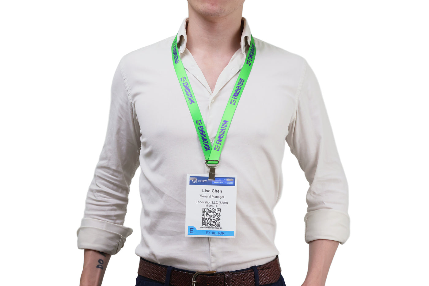 Double bulldog clip badge attachment on Ehua Lanyard
