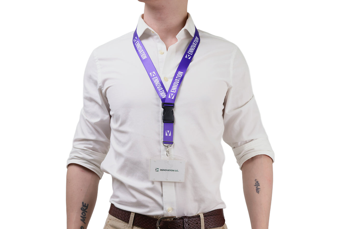 Double bulldog clip badge attachment on Ehua Lanyard