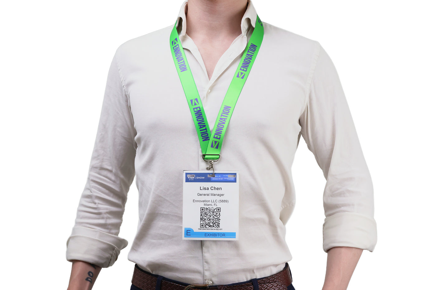 Double bulldog clip badge attachment on Ehua Lanyard