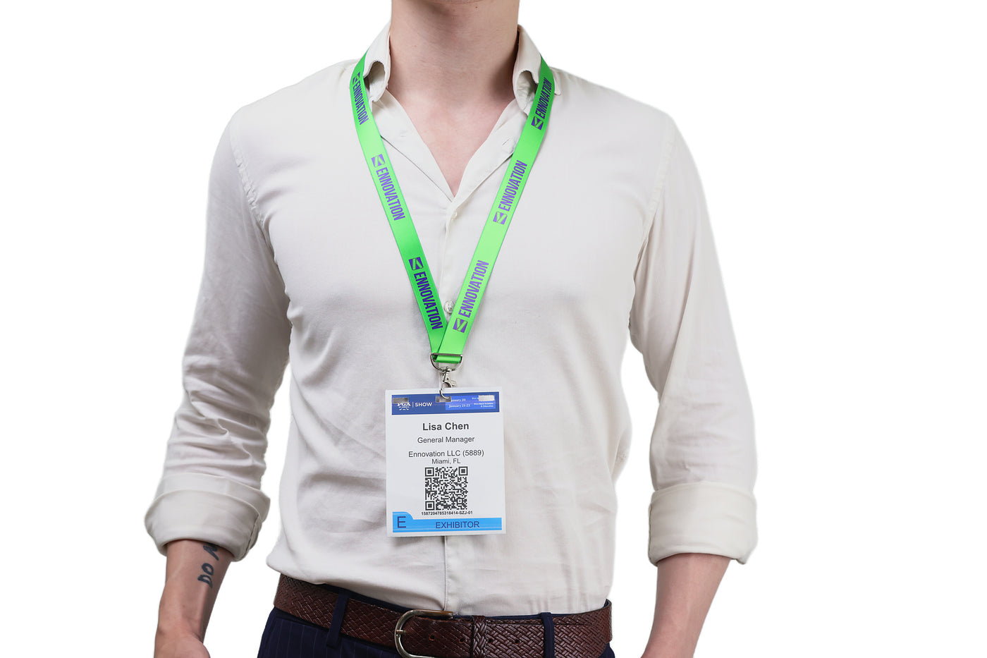 Double bulldog clip badge attachment on Ehua Lanyard