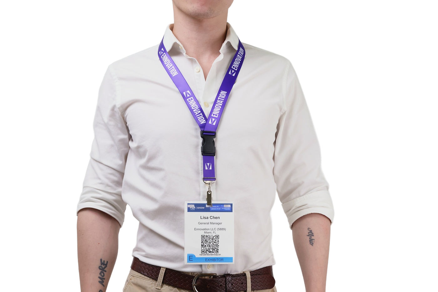 Double bulldog clip badge attachment on Ehua Lanyard
