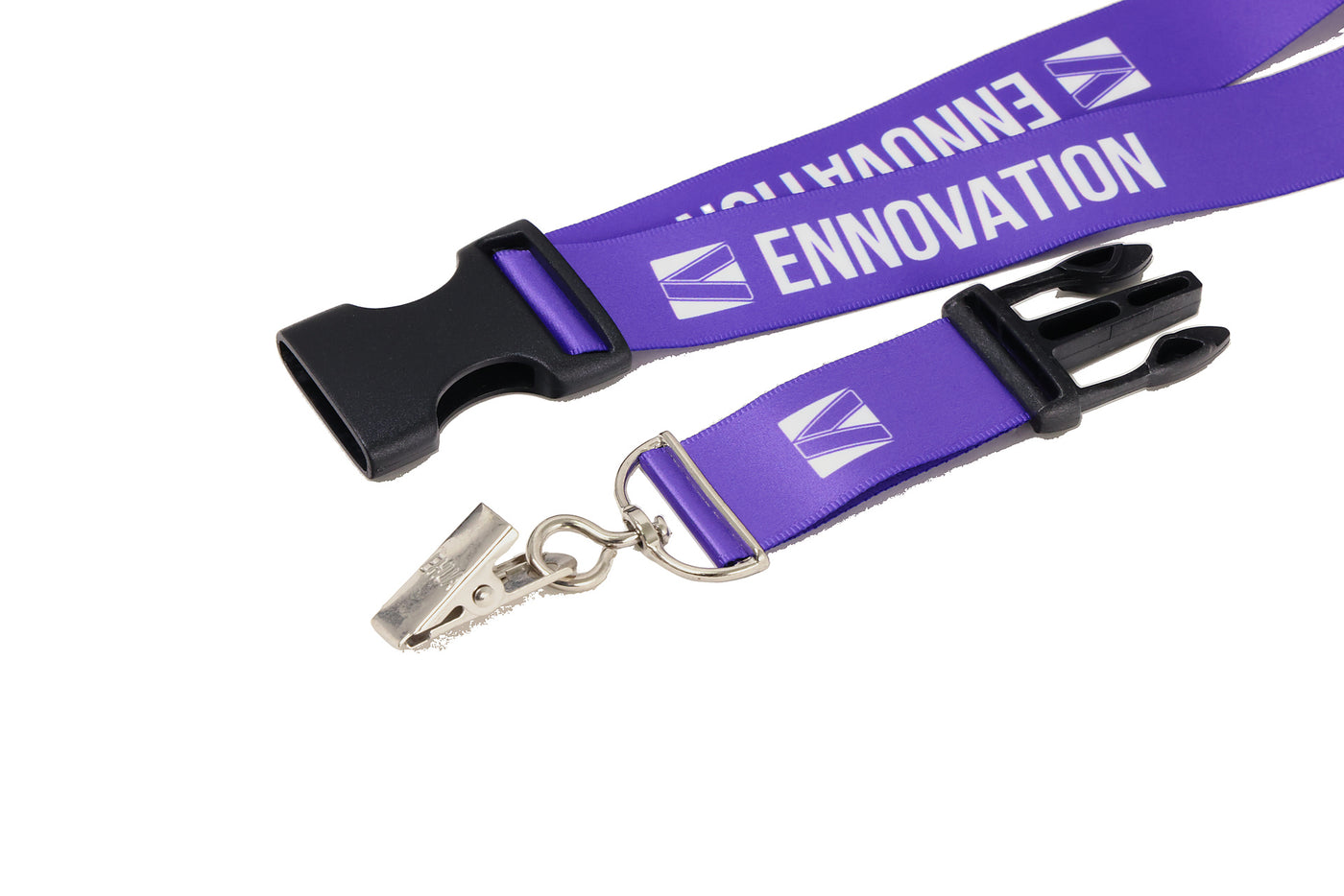 Double bulldog clip badge attachment on Ehua Lanyard