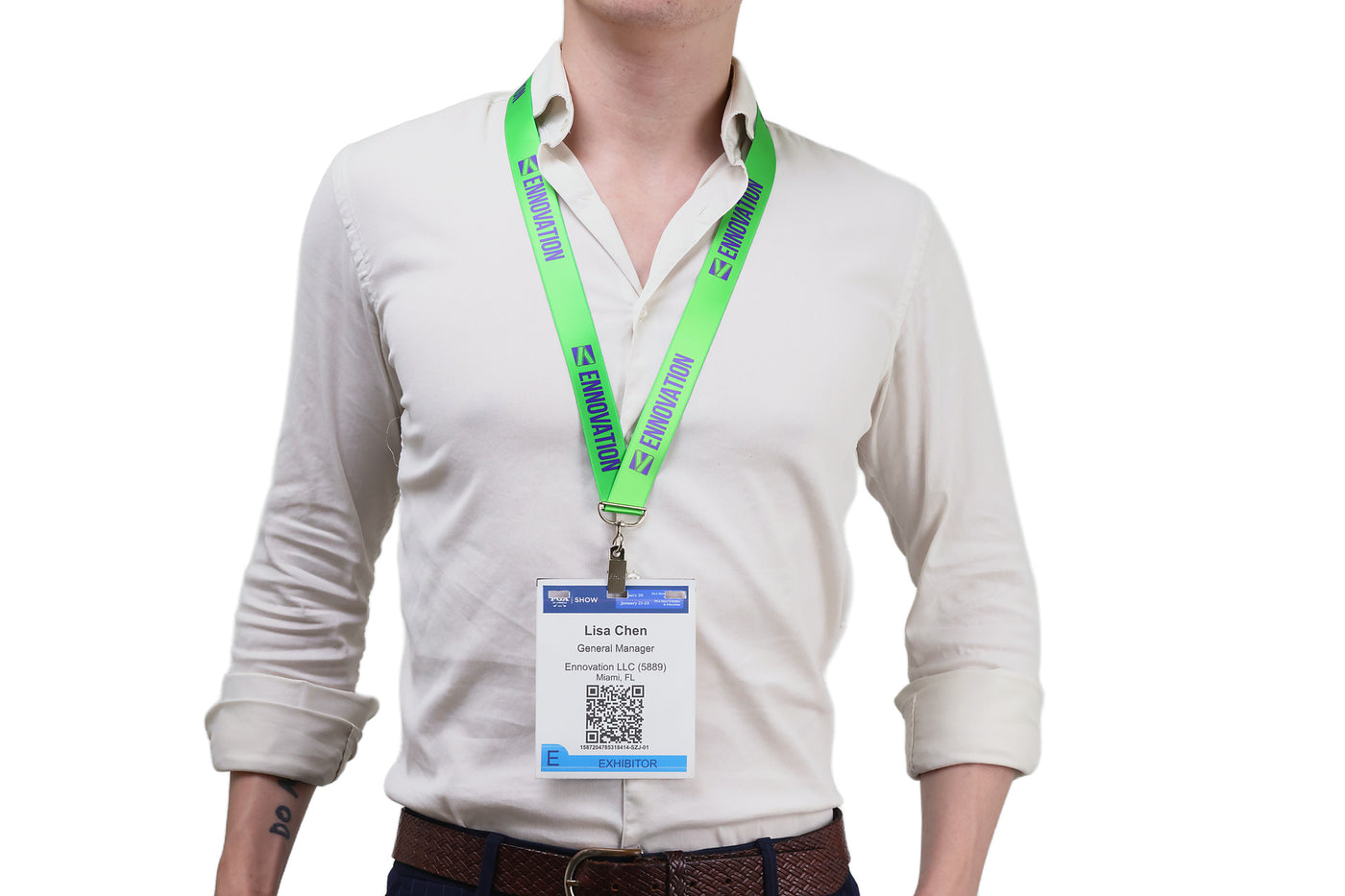 Double bulldog clip badge attachment on Ehua Lanyard