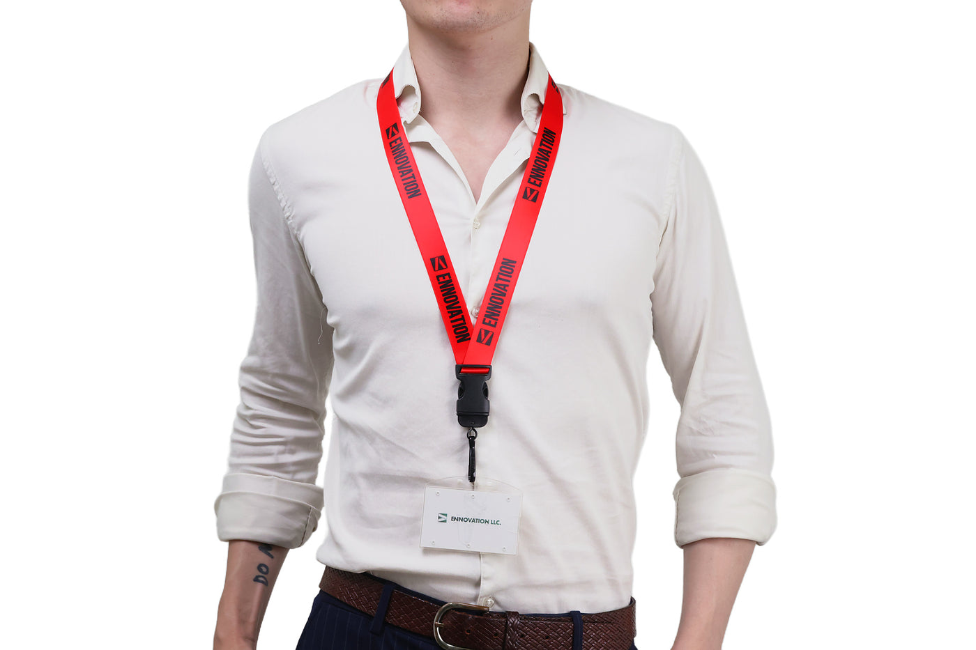 Double bulldog clip badge attachment on Ehua Lanyard