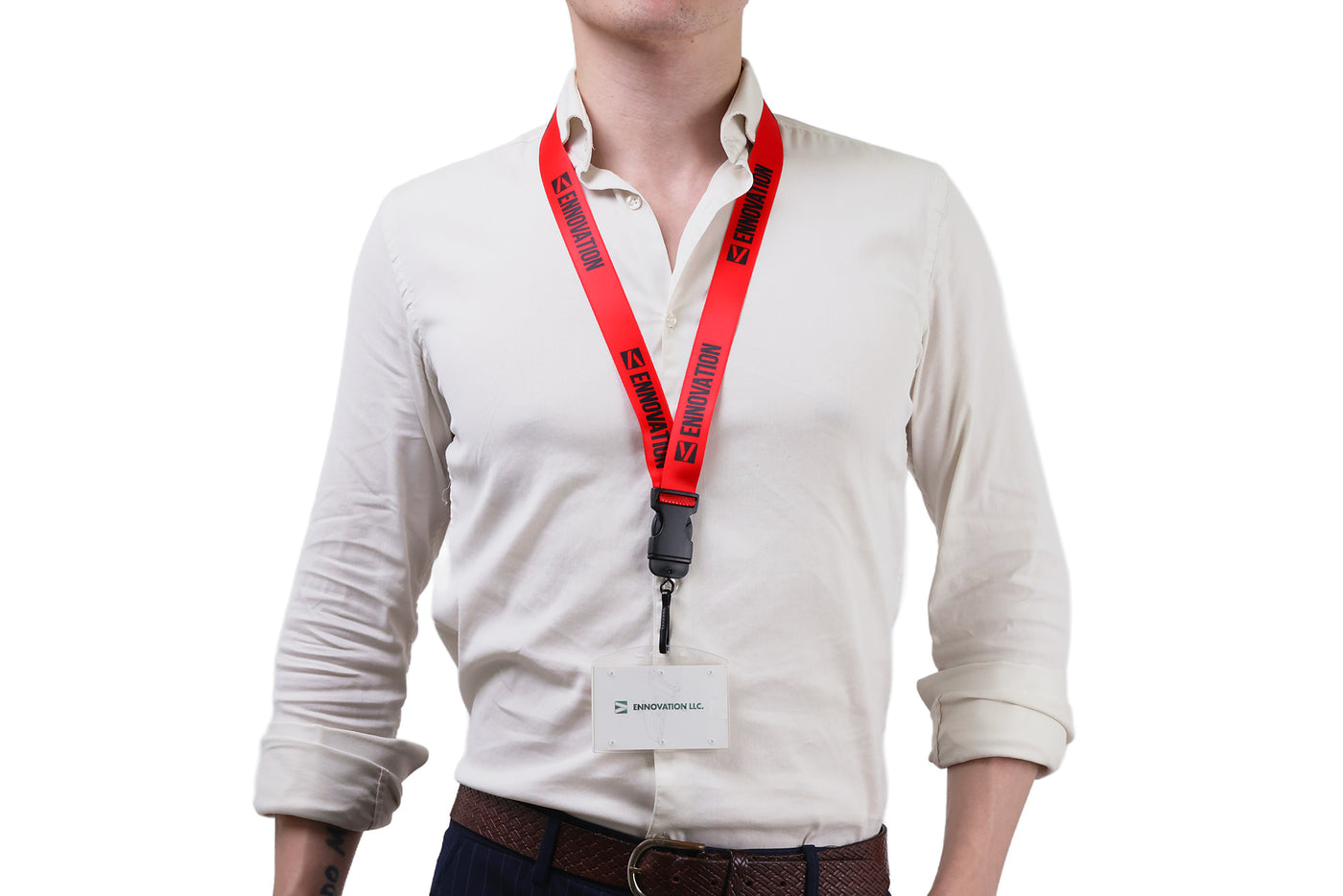 Double bulldog clip badge attachment on Ehua Lanyard