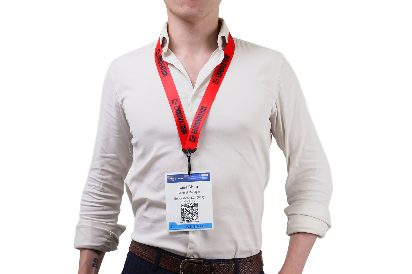 Double bulldog clip badge attachment on Ehua Lanyard