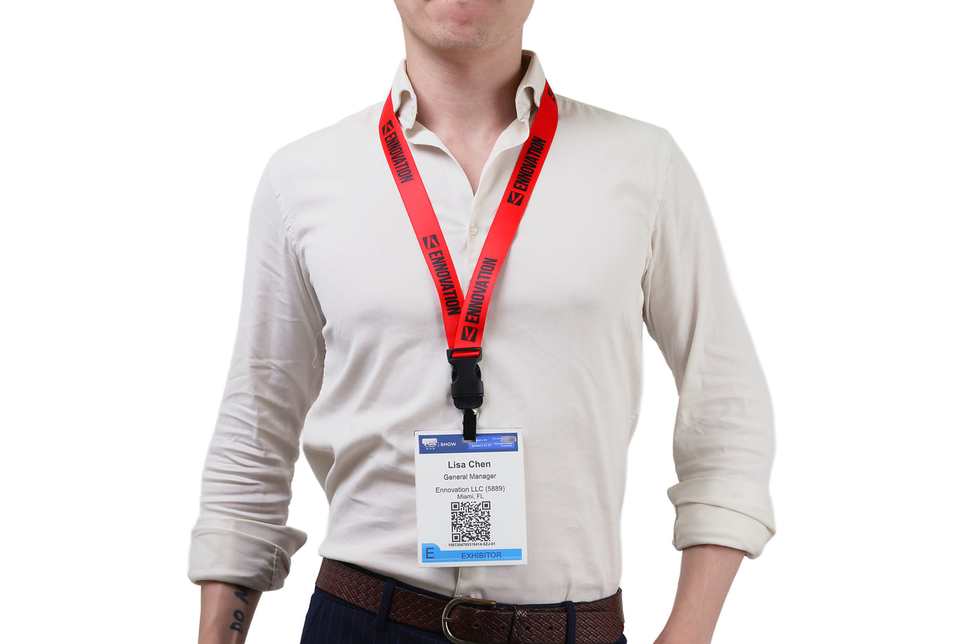 Double bulldog clip badge attachment on Ehua Lanyard