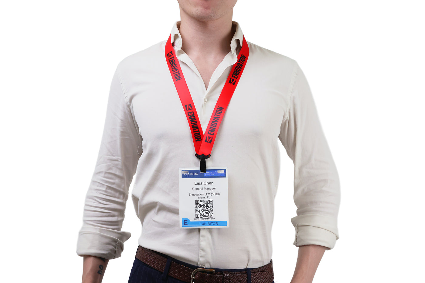 Double bulldog clip badge attachment on Ehua Lanyard