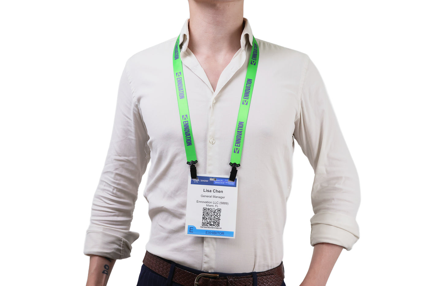 Double bulldog clip badge attachment on Ehua Lanyard