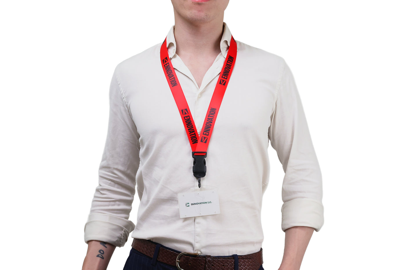 Double bulldog clip badge attachment on Ehua Lanyard