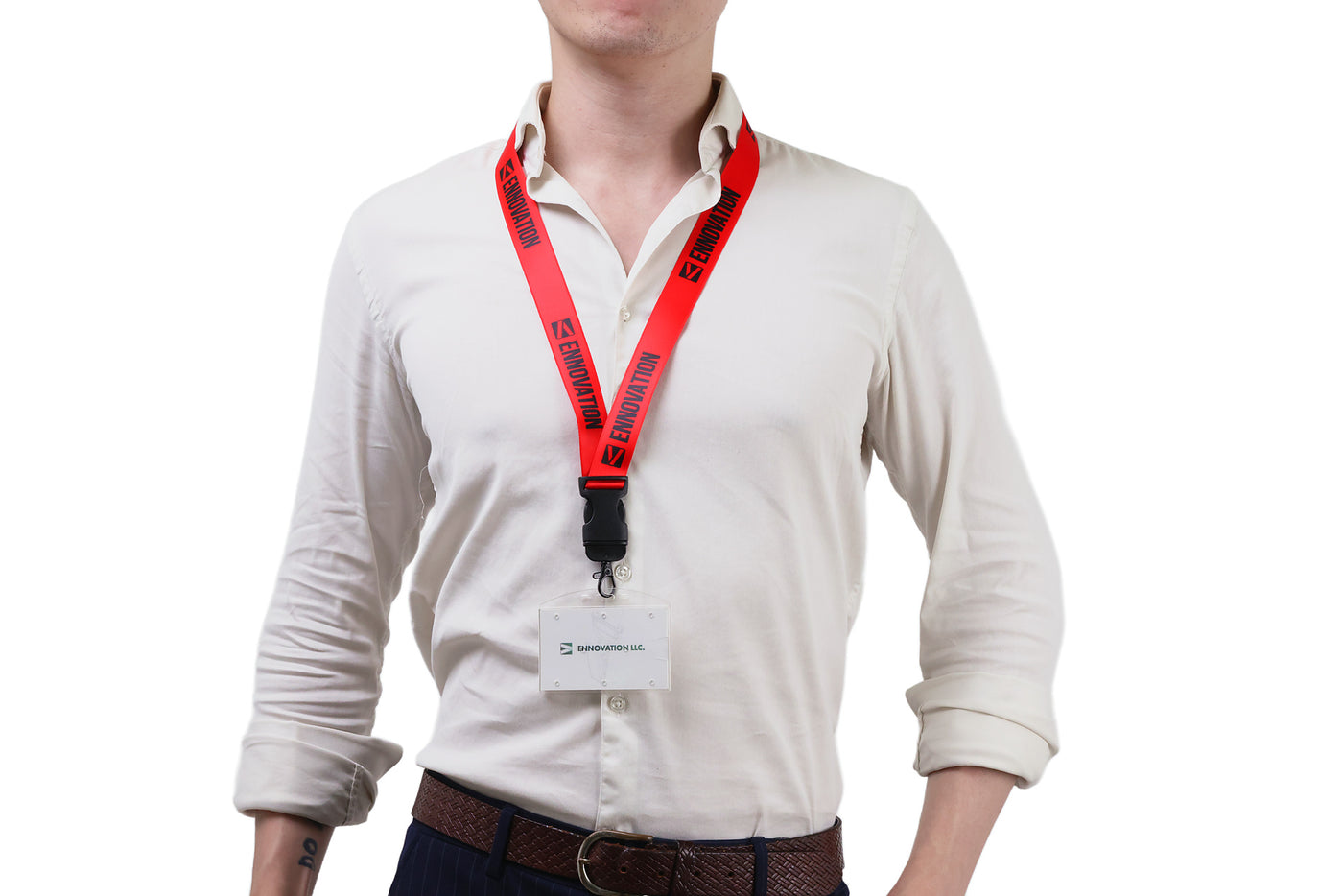 Double bulldog clip badge attachment on Ehua Lanyard