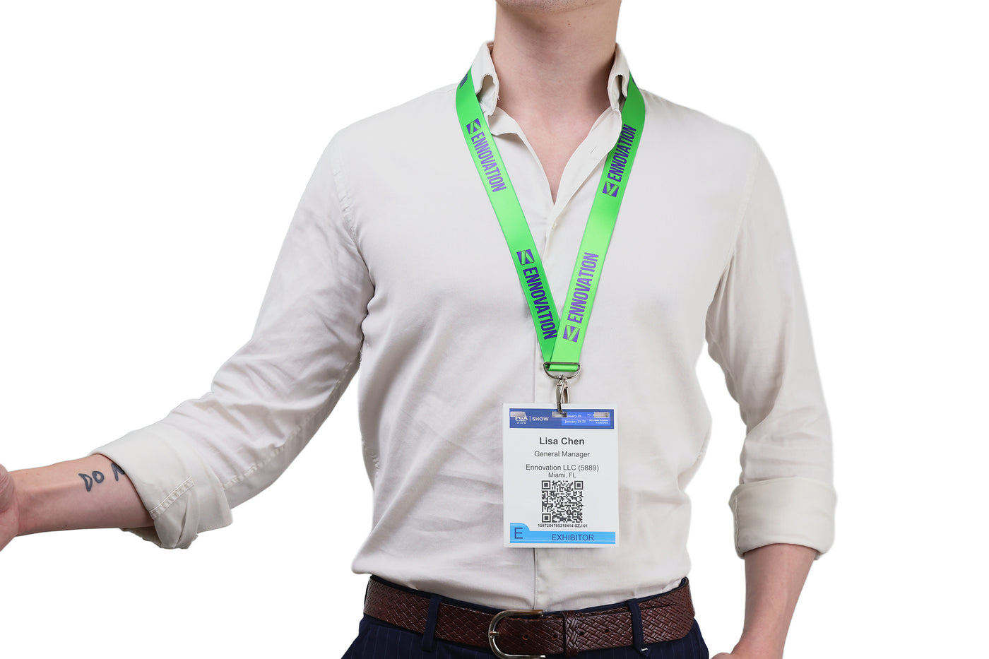 Double bulldog clip badge attachment on Ehua Lanyard