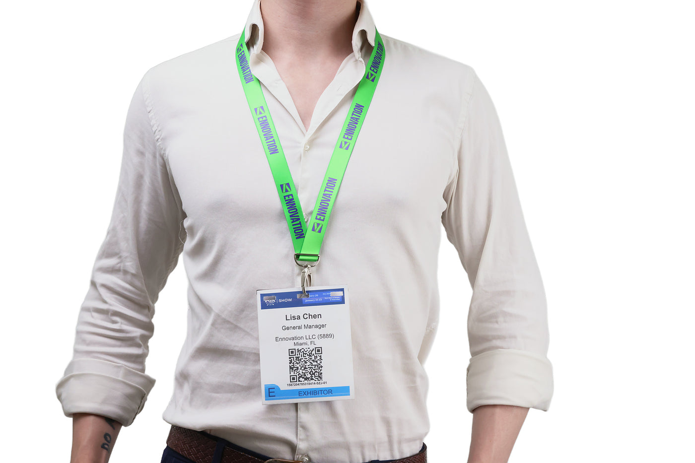 Double bulldog clip badge attachment on Ehua Lanyard