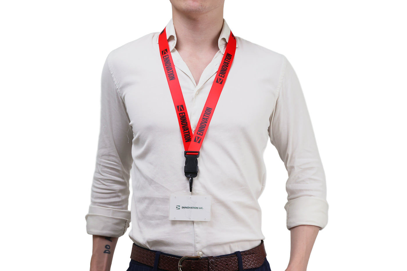Double bulldog clip badge attachment on Ehua Lanyard
