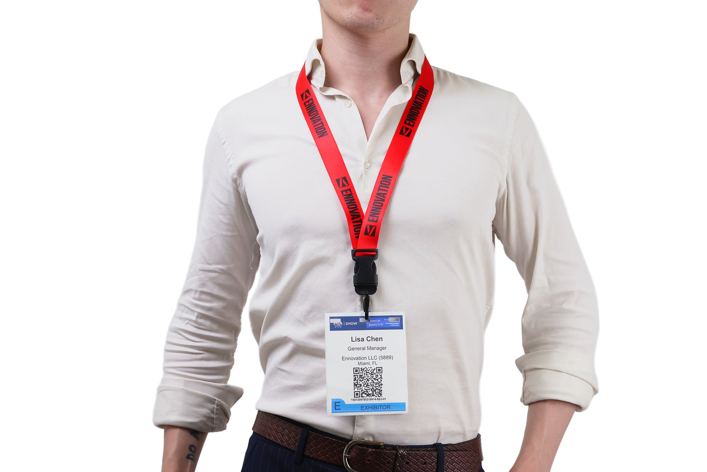 Double bulldog clip badge attachment on Ehua Lanyard
