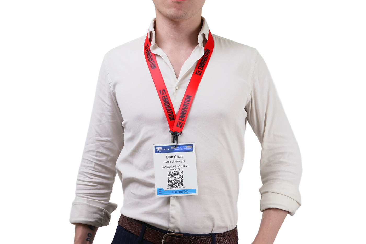 Double bulldog clip badge attachment on Ehua Lanyard