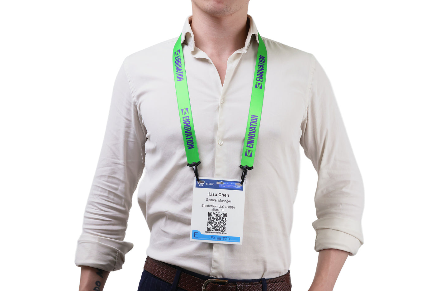 Double bulldog clip badge attachment on Ehua Lanyard