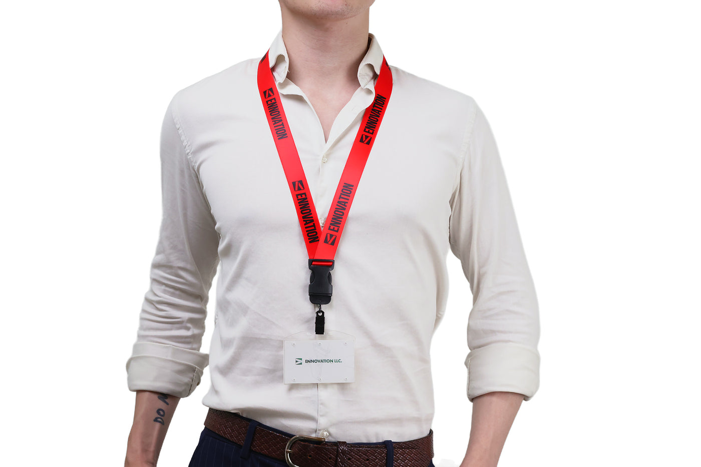 Double bulldog clip badge attachment on Ehua Lanyard