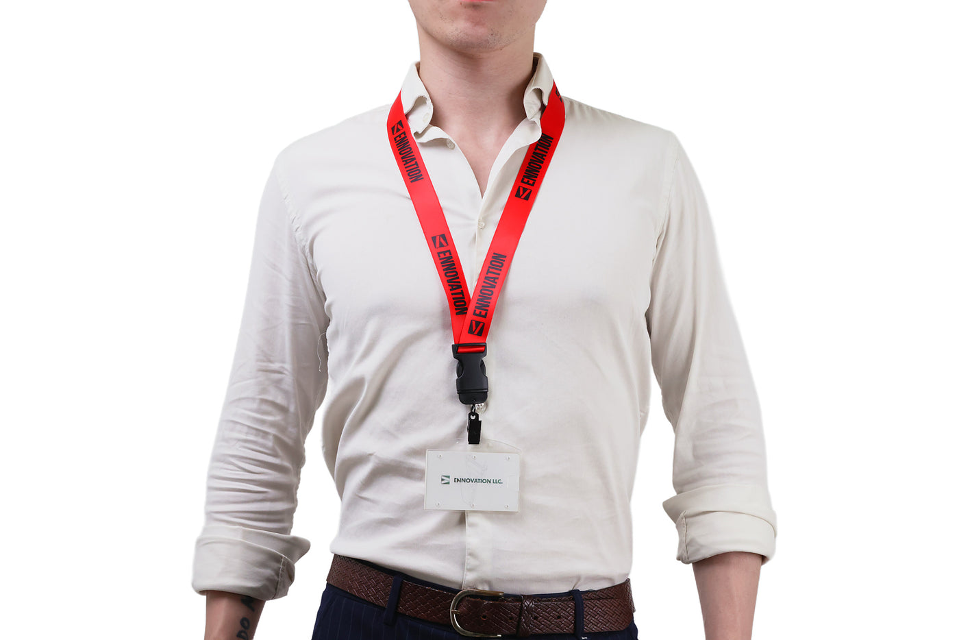 Double bulldog clip badge attachment on Ehua Lanyard