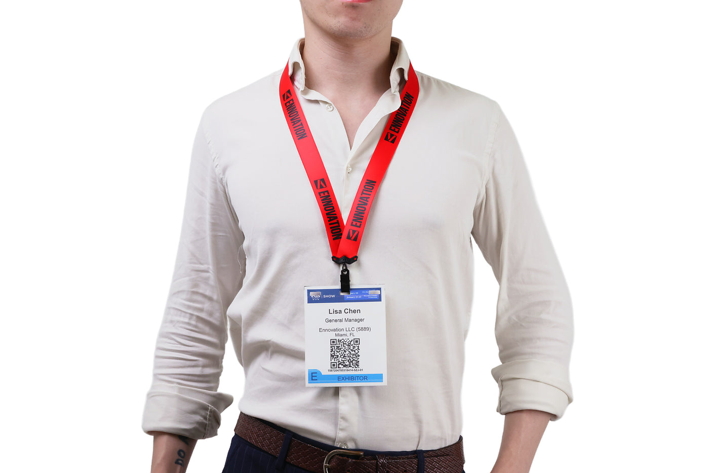 Double bulldog clip badge attachment on Ehua Lanyard