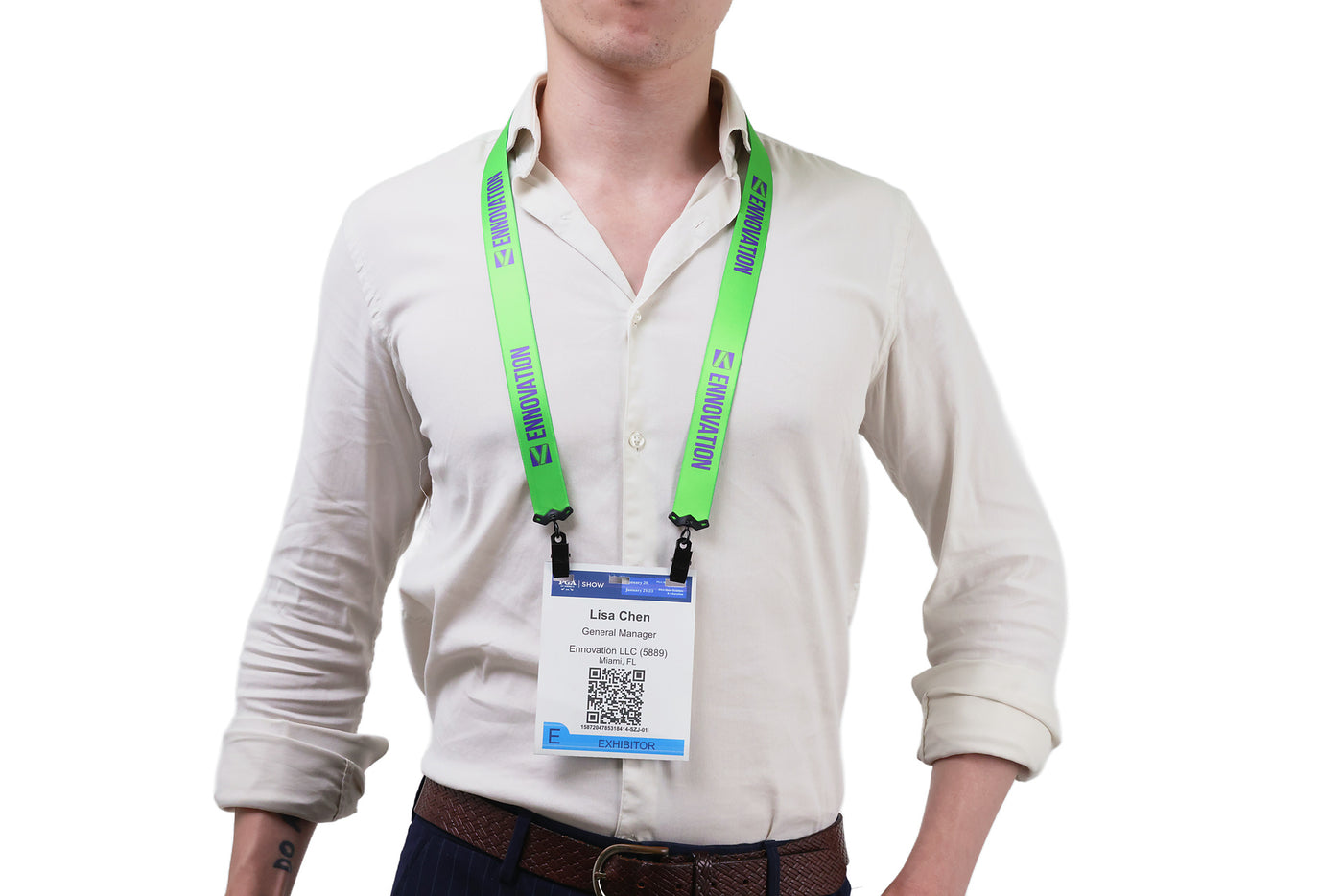 Double bulldog clip badge attachment on Ehua Lanyard