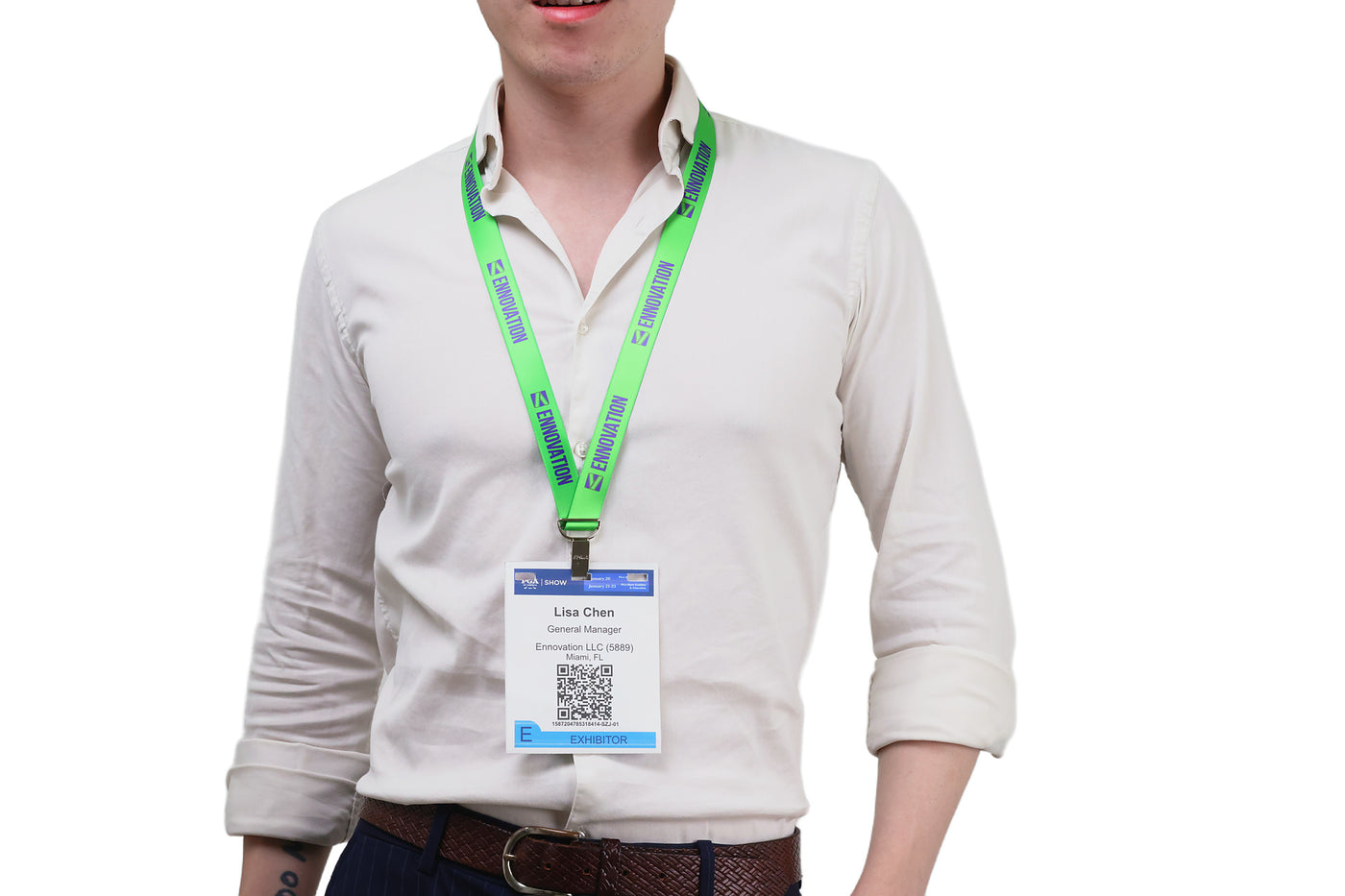 Double bulldog clip badge attachment on Ehua Lanyard