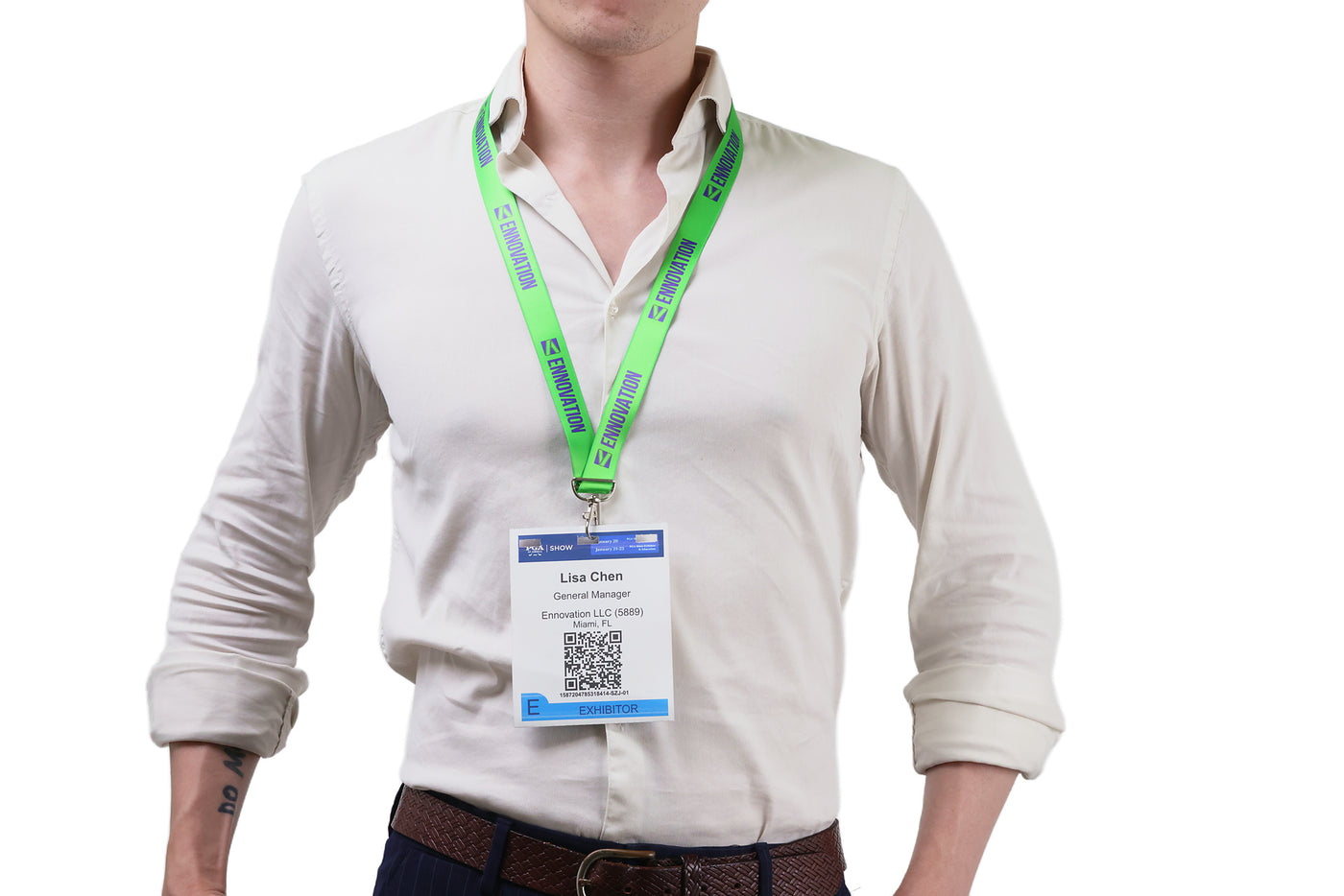 Double bulldog clip badge attachment on Ehua Lanyard